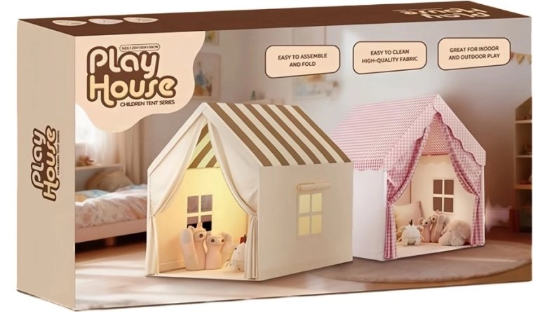Kinder-Faltspielzelt Haus fürs Zimmer, beige mit gestreiftem Dach