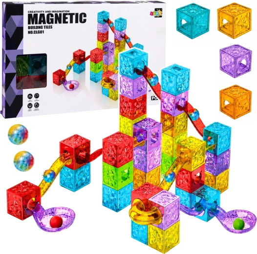 Magnetische Bausteine mit Kugelbahn, bunt, 60 Teile