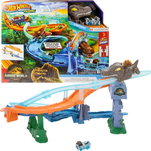 Hot Wheels RacerVerse Jurassic World Meeres-Dinosaurier-Rennstrecke mit Auto