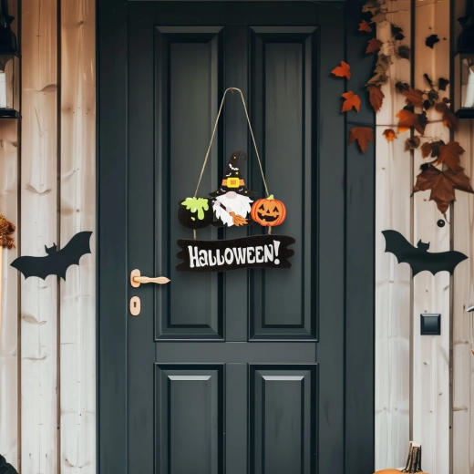 Hölzerne Halloween-Hängedekoration mit Wichtel und Kürbis