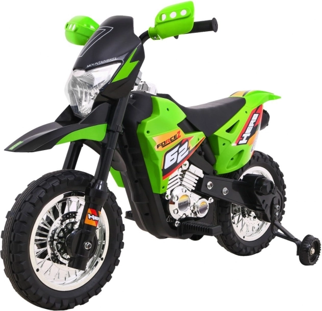 Kinder Elektro-Cross-Motorrad mit Akku – grün, mit Stützrädern und LED-Lichtern