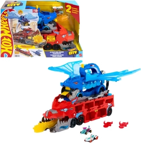 Hot Wheels City Doppel-Drachentransporter mit Rennbahn und 2 Fahrzeugen