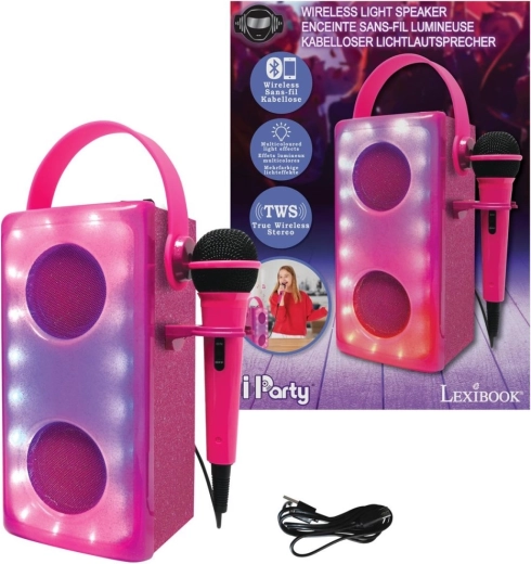 Rosa Karaoke-Bluetooth-Lautsprecher mit Mikrofon LEXIBOOK iParty mit Lichteffekten