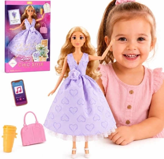 Woopie Puppe Lily mit langen blonden Haaren 30 cm im lavendelfarbenen Kleid mit Zubehör
