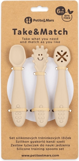 Petite&Mars Set aus 3 Silikon-Trainingslöffeln Take&Match Desert Sand 6m+
