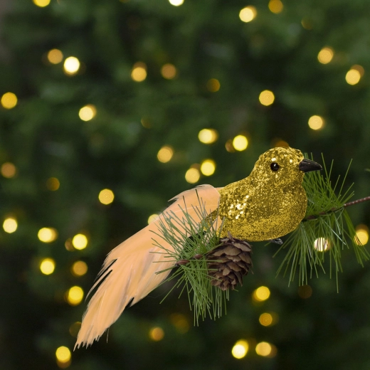 Weihnachtsdekoration mit Clip, glitzernder goldener Vogel – 2 Stück