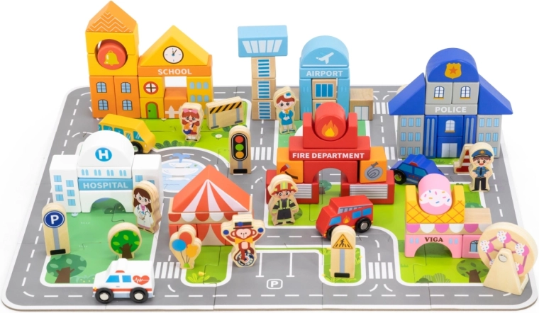 Viga Holzpuzzle und Bausteine Stadt mit 100 Teilen