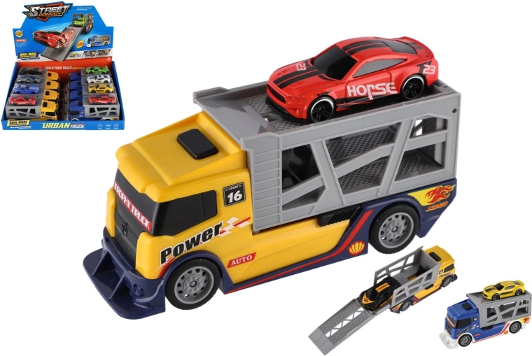 Plastik-LKW-Transporter mit PKW 15 cm, Freilauf, 2 Farben