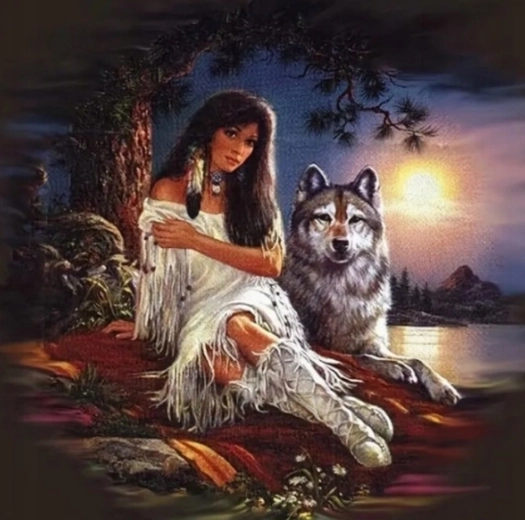 Malen nach Zahlen Indianerin mit Wolf 40 × 50 cm