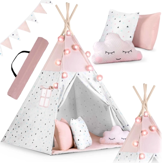 Kinder-Tipi mit Girlande und Lichterkette NUKIDO – rosa