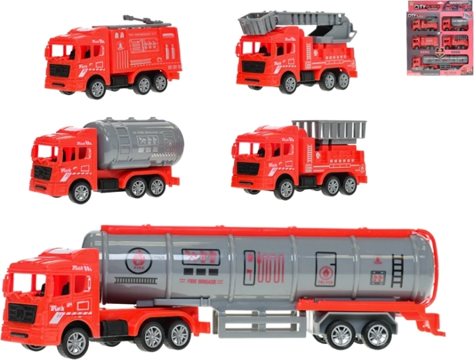 Set aus Feuerwehrfahrzeugen mit Rückziehmotor, 5 Stück