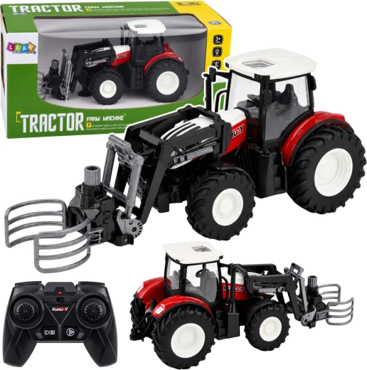 Ferngesteuerter RC-Farmtraktor mit Frontlader und Ballengreifer 1:24, rot