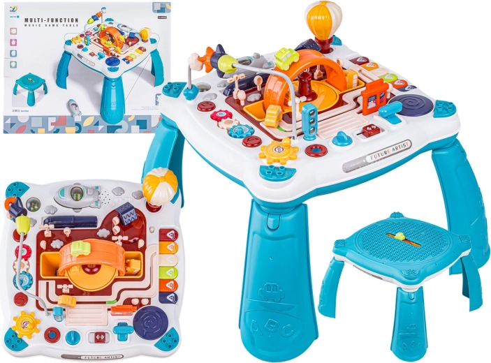 Pädagogischer interaktiver Spieltisch für Kinder 2in1 mit Fahrzeugen und Klavier – blau