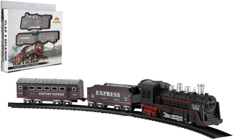 Batteriebetriebener Zug mit Schienen (Lokomotive + 2 Waggons)