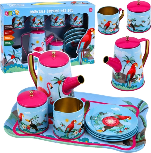Kinder-Metall-Teeservice mit Papageien – exotisches Motiv, 12-teilig