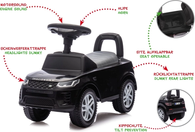 Kinder-Rutschauto und Lauflernhilfe Land Rover Discovery, schwarz, 2-in-1