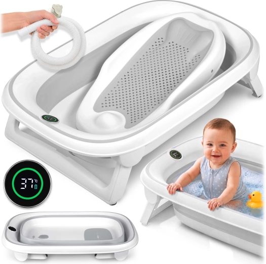 Nukido faltbare Babybadewanne mit Thermometer und Neugeborenen-Einsatz, weiß-grau