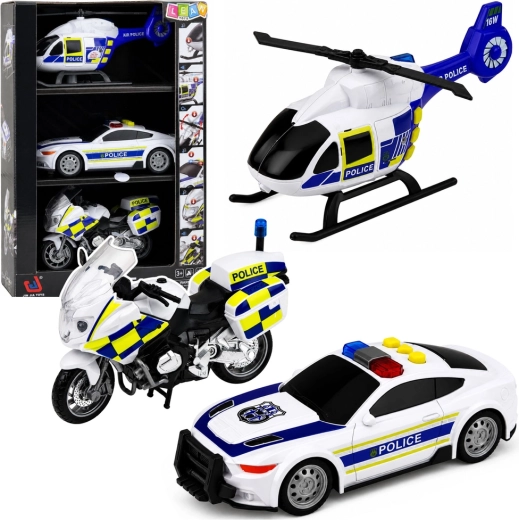 Set aus Polizeifahrzeugen mit Hubschrauber, Auto und Motorrad mit Licht und Sound 1:32