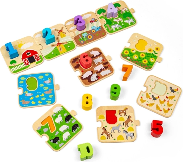 BIGJIGS TOYS Holzpuzzle mit Bildern und Zahlen 1–10 (Leben auf dem Bauernhof)