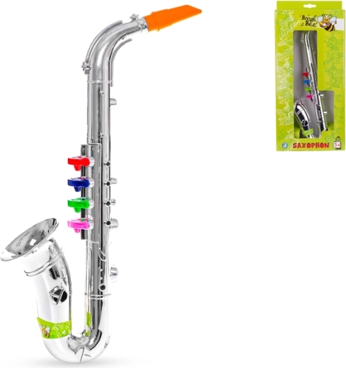 Kindersaxofon 38 cm – silbernes Kunststoffinstrument mit 4 farbigen Klappen