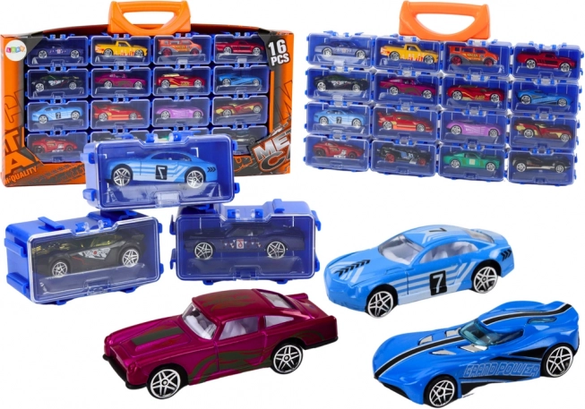 Set aus Metall-Spielzeugautos im Koffer, 16 Stück