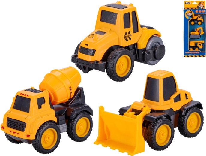 Set aus Baufahrzeugen mit Kran und Betonmischer, 3 Stk., 7–8,5 cm, Rückziehmotor