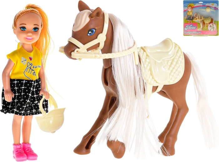 Puppe mit Pferd und Reitausstattung 13 cm