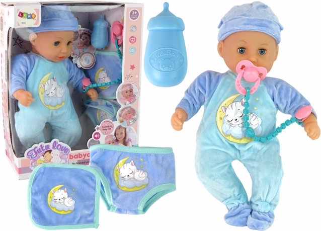 Baby-Puppe mit Geräuschen und blauem Pyjama mit Katze