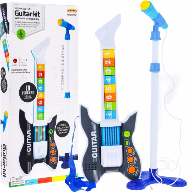 Bunte E-Gitarre für Kinder 3+ Mikrofon mit Stativ + Sounds Lichter