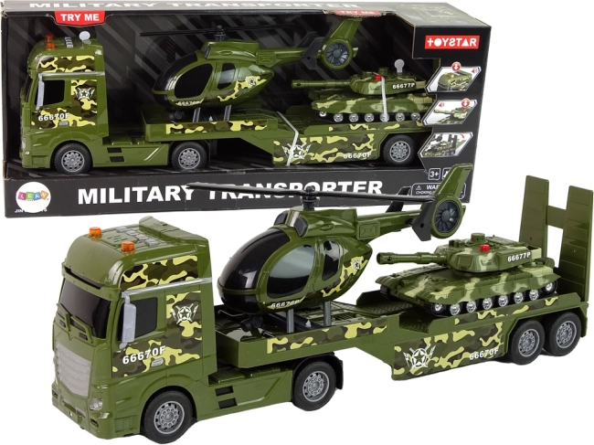 Militärset – Lastwagen mit Anhänger, Hubschrauber und Panzer mit Schwungrad