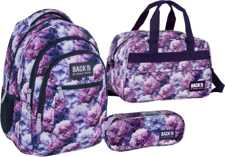 BackUP Violet Bloom Vorteilset 3-in-1 Schulrucksack, Federmäppchen und Sporttasche