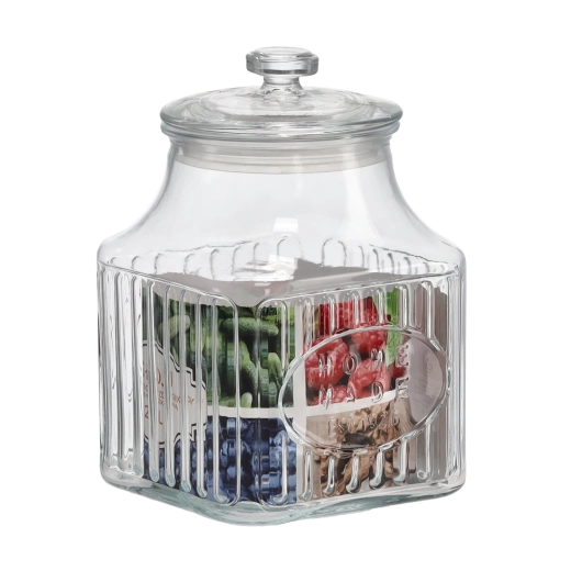 Quadratische Glasdose 2,8 l mit Verzierung und Glasdeckel