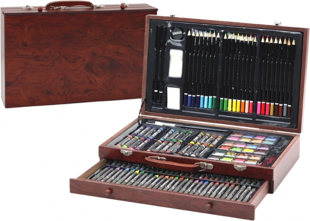 Künstler-Set in Holzkoffer Buntstifte, Pastellstifte, Farben