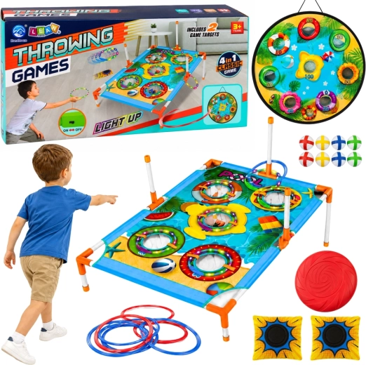Geschicklichkeitsspiel 4-in-1 zum Zielwerfen – Zielscheibe, Punktebrett, Ringe, Wurfsäckchen und Frisbee