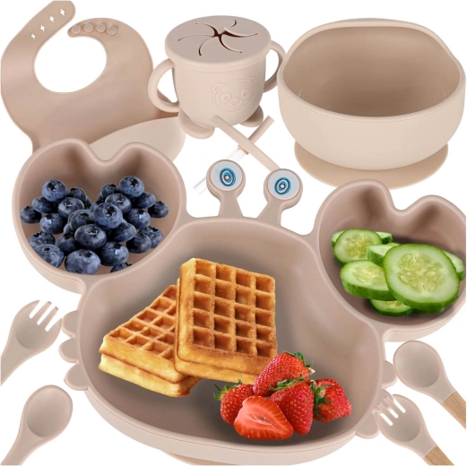 Silikonisches Essgeschirr-Set für Kinder, Krabbe, beige – 9-teilig
