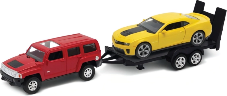 Welly Autotransporter Hummer H3 mit Anhänger und Chevrolet Camaro ZL1 1:34