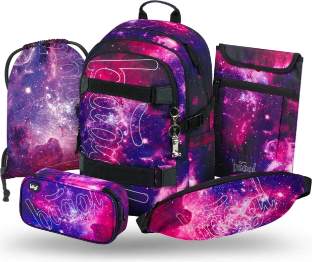 Baagl Schulset 5-tlg. Skate Galaxy – Rucksack, Federmäppchen, Turnbeutel, Bauchtasche und Laptop-Hülle