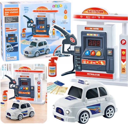 Interaktive Tankstelle mit Polizeiauto mit Lichtern, Geräuschen und Wassernebel