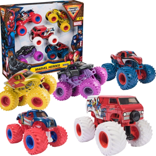 Monster Jam Set mit 5 Mini-Monstertrucks Marvel Heroes 1:64