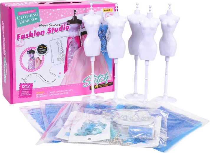 Kreativset für kleine Designerinnen mit blauen Stoffen und Accessoires