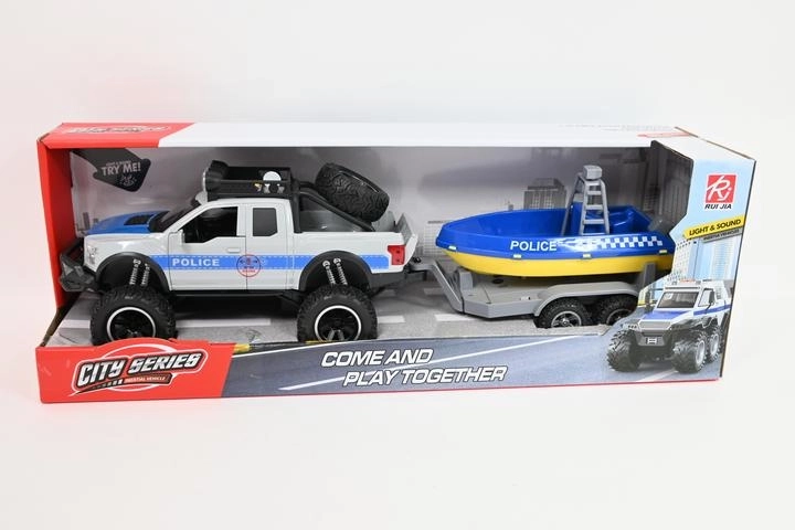 Polizei-Geländewagen mit Anhänger und Rettungsboot mit Licht und Sound