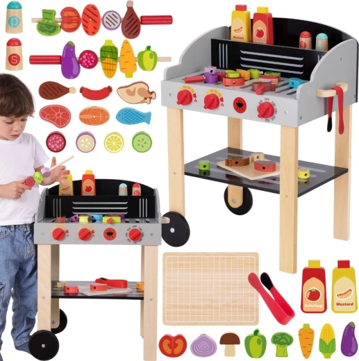 WOOPIE mobiler Holzkohlegrill aus Holz mit Spießen und Zubehör, 24 Teile