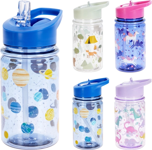 Kindertrinkflasche mit Strohhalm 450 ml – Mix aus Farben und Motiven