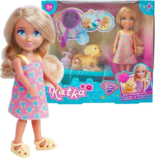 Puppe Katka mit Hund und Badewanne