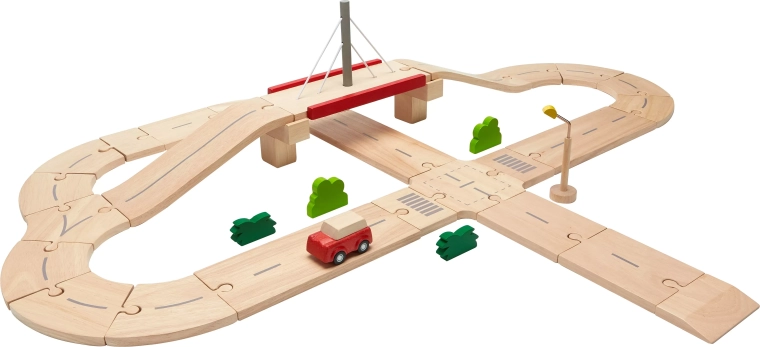 Holz-Autorennbahn mit Brücke PlanToys