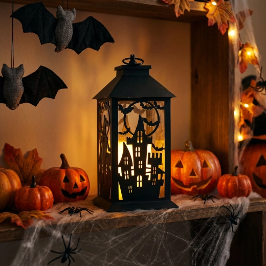 Halloween-Laterne mit flackerndem Licht und Burgmotiv, batteriebetrieben