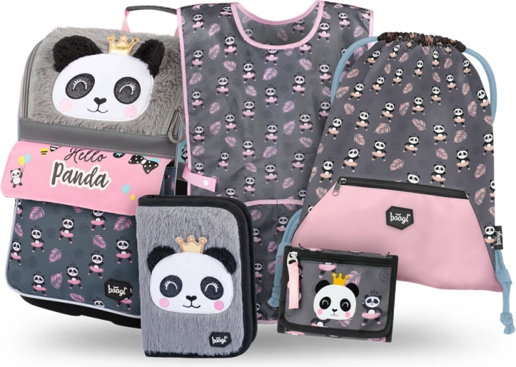 Schulset BAAGL Zippy Panda – Schulranzen, Federmäppchen, Beutel, Schürze und Halsgeldbörse