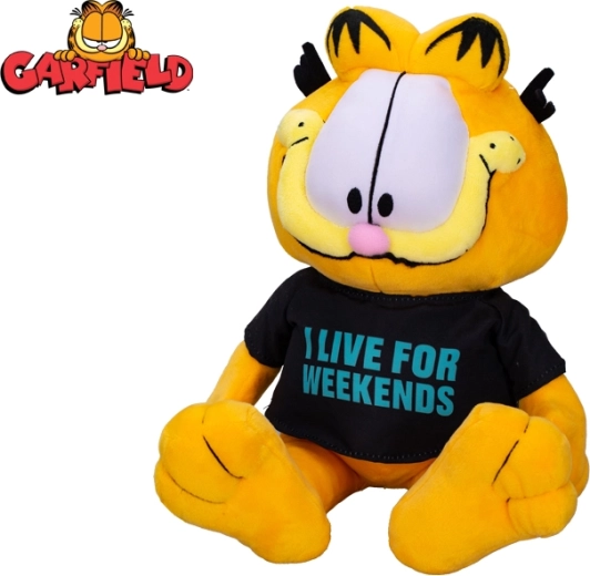 Plüschkater GARFIELD 24 cm – sitzend, T‑Shirt I live for weekends
