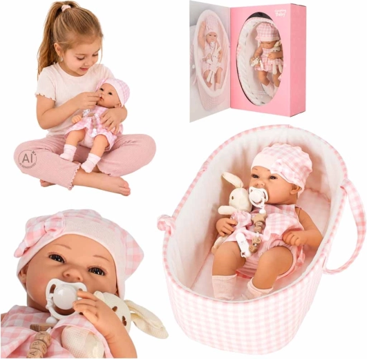 Babypuppe 38 cm mit tragbarem Körbchen und Plüschhäschen – rosa