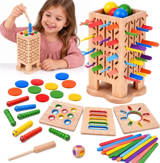Holz-Lernspiel 5 in 1 mit Turm, Kugeln und Stäbchen